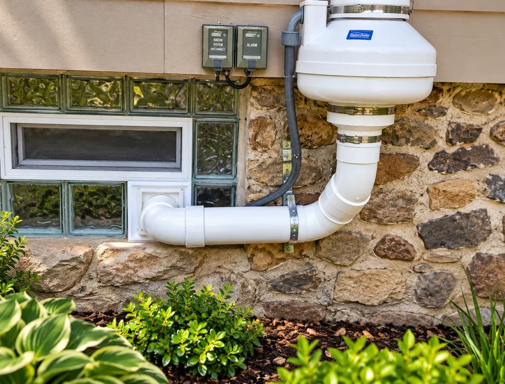 Exterior radon mitigation fan and vent pipe beside a glass-block basement window