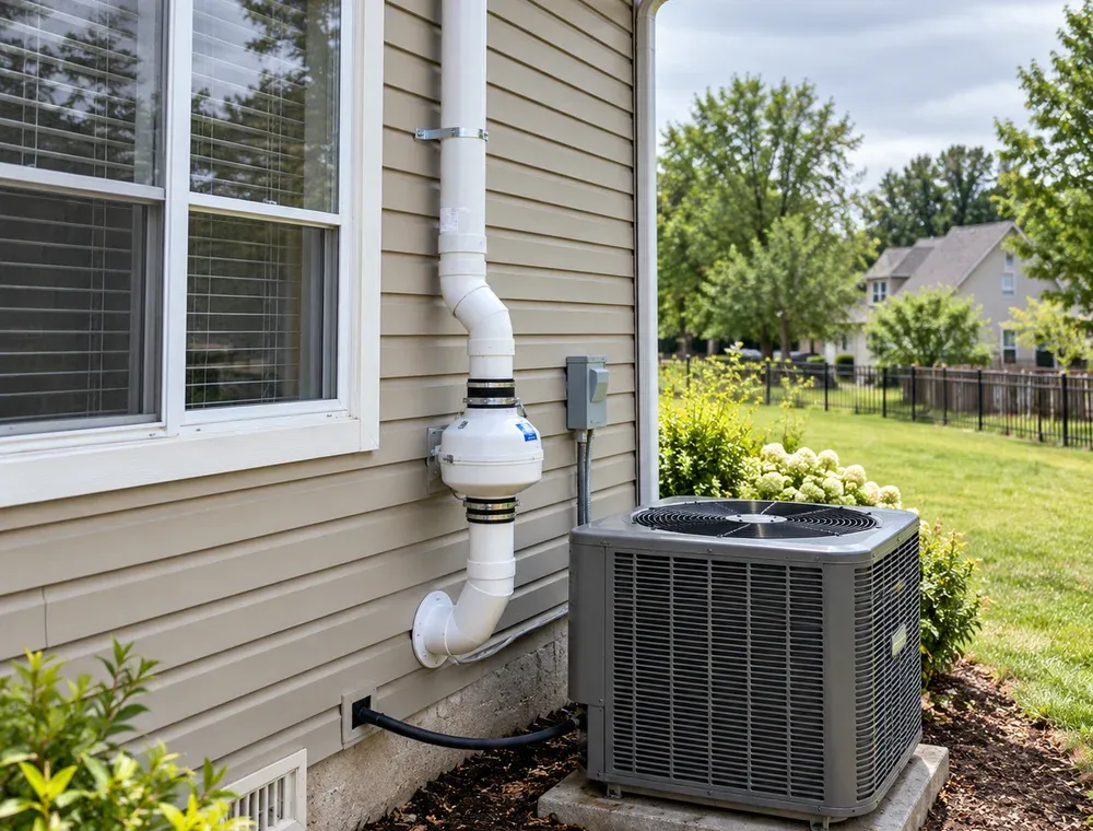 Exterior radon mitigation fan and vent piping beside an air-conditioning unit