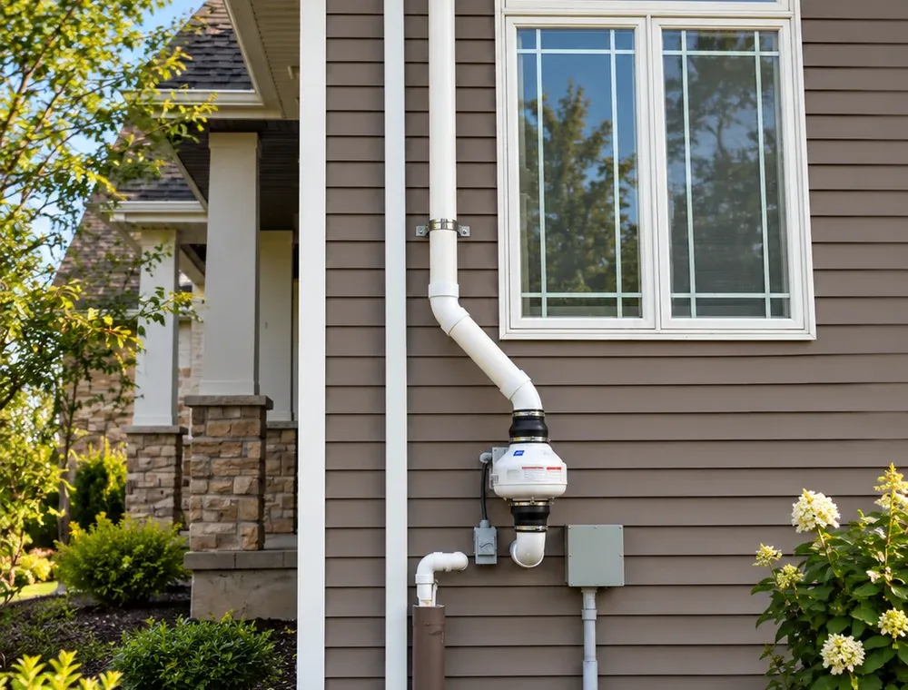 Exterior radon mitigation fan and white vent pipe mounted beside a house window