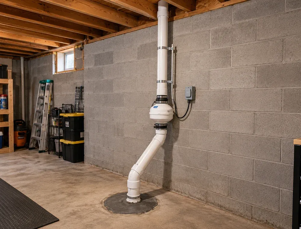 Interior radon mitigation fan and vent piping in a concrete-block basement