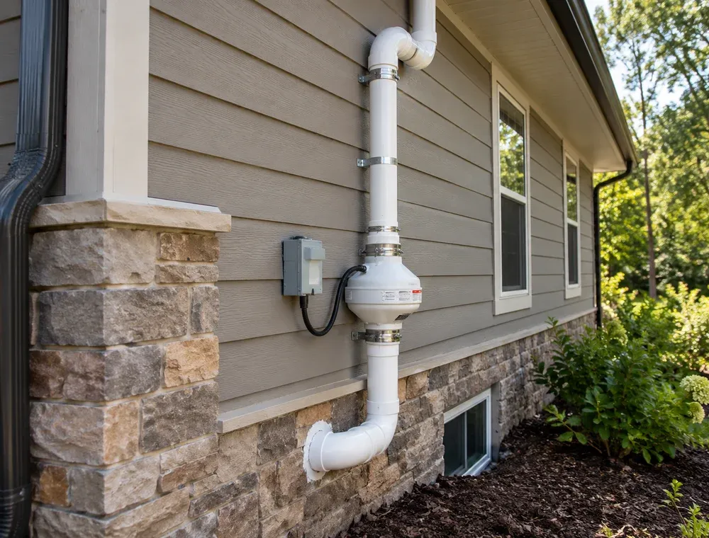 Exterior radon mitigation fan and vent piping beside a home's stone foundation