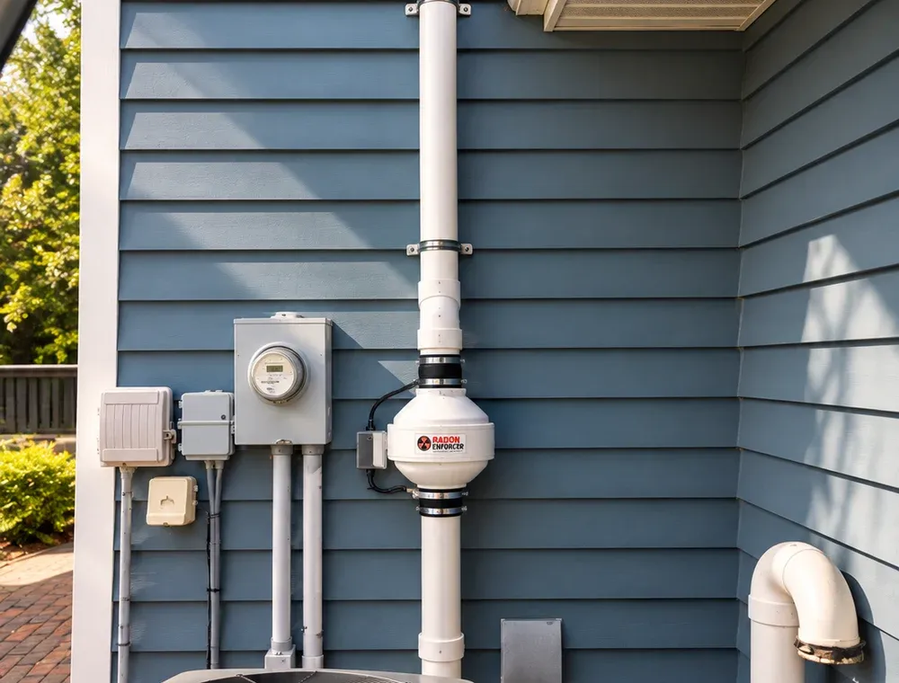 Exterior radon mitigation fan and vent pipe mounted on blue siding