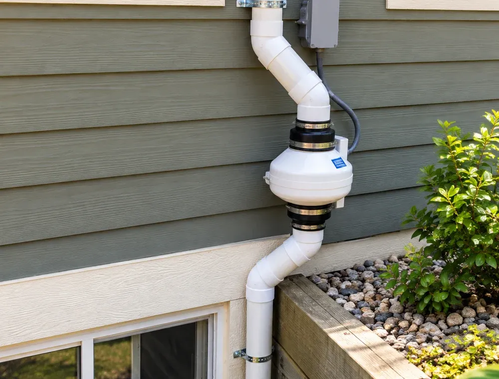 Exterior radon mitigation fan and vent piping beside a basement window