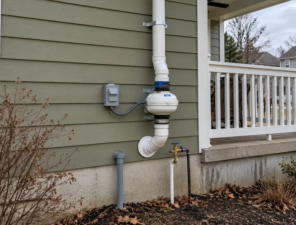Exterior radon mitigation fan and vent piping beside a home's porch