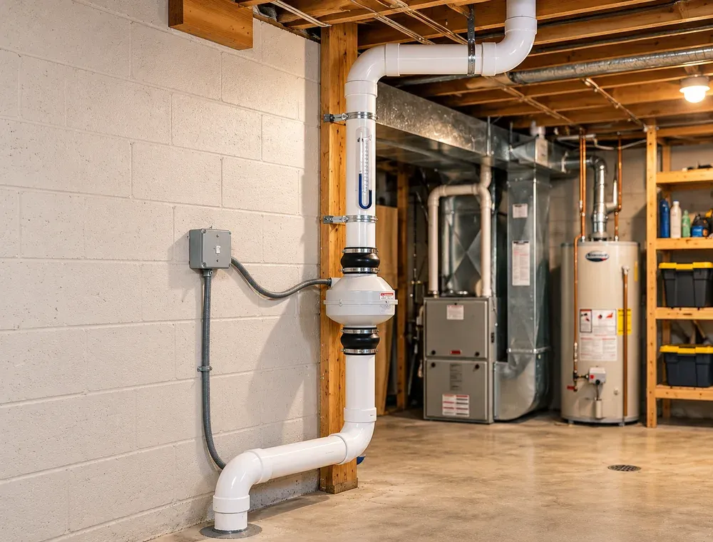 Interior radon mitigation fan, vent piping, and manometer in a basement