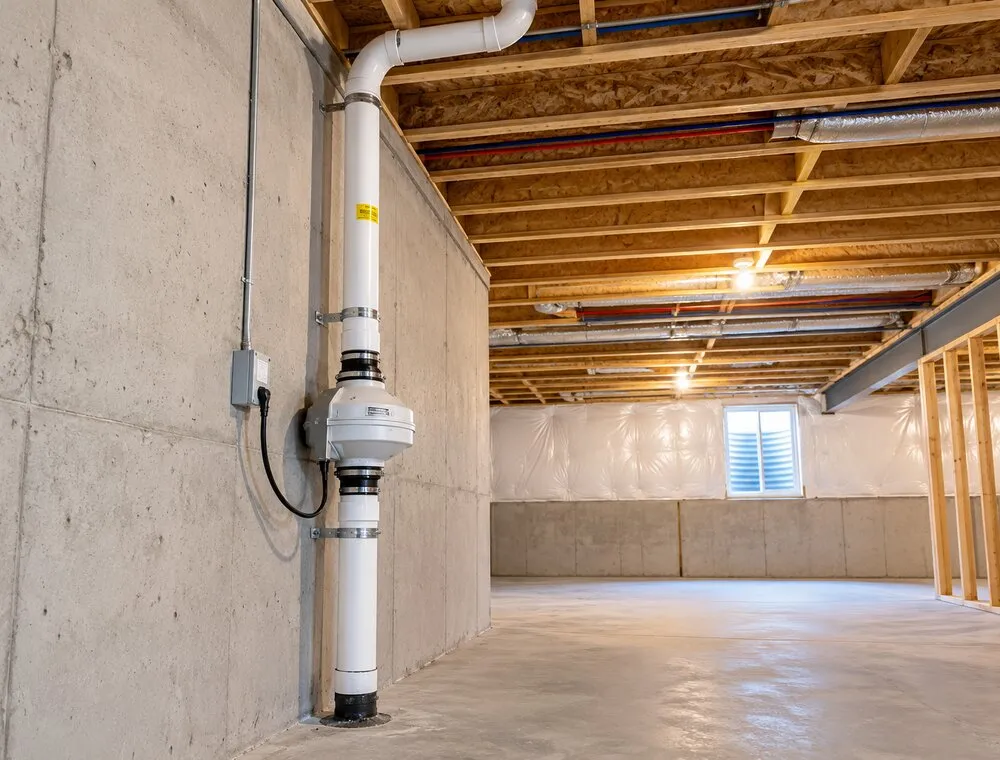 Radon mitigation fan and vent pipe installed in an unfinished basement