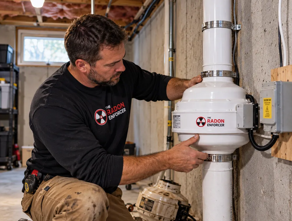Technician adjusting a radon fan on PVC piping inside a basement