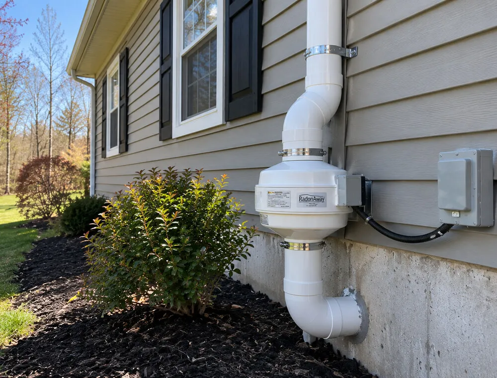 Radon mitigation system with vent pipe running up the outside of a York County house